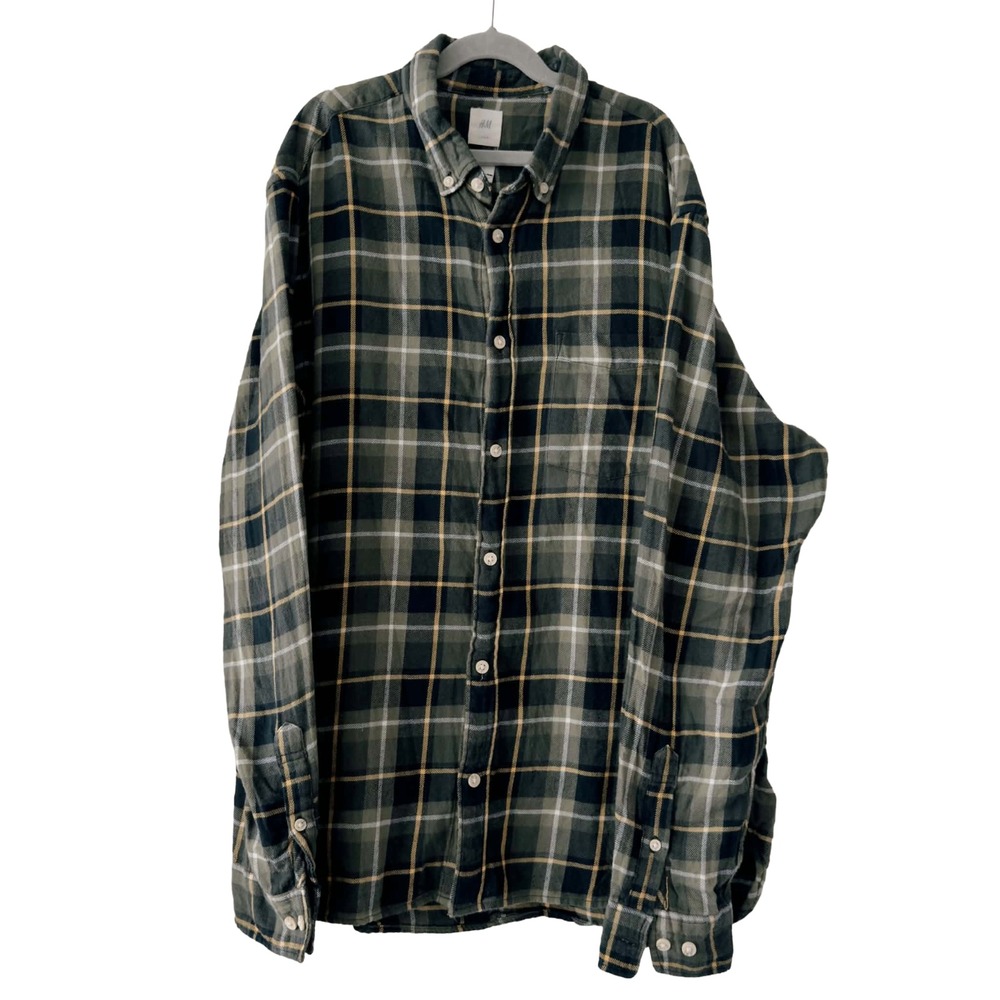 H&M Men's Size Large Green Plaid Flannel Shirt Cottagecore Fall Button Down